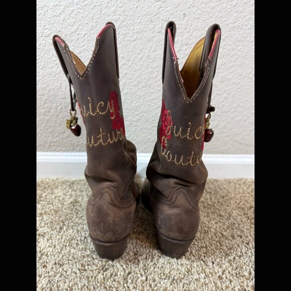 Juicy Couture Y2K Brown Cowboy Boots Leather Roses Western Cottagecore Charms 8M - Picture 4 of 8